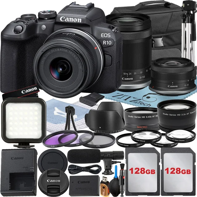 Canon EOS R10 Mirrorless Camera with RF-S 18-45mm + 18-150mm Lens + 2 Pack 128GB Memory Card + Case + ZeeTech Accessory
