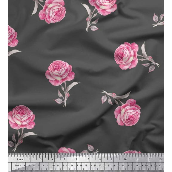 Soimoi Gray Cotton Duck Fabric Grandiflora Roses Floral Fabric Prints By Yard 42 Inch Wide