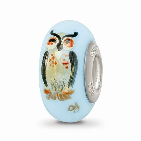 925 Sterling Silver Blue Hand Painted Wisdom Owl Fenton Glass Bead Small Charm Tiny Pendant -  AA Jewels
