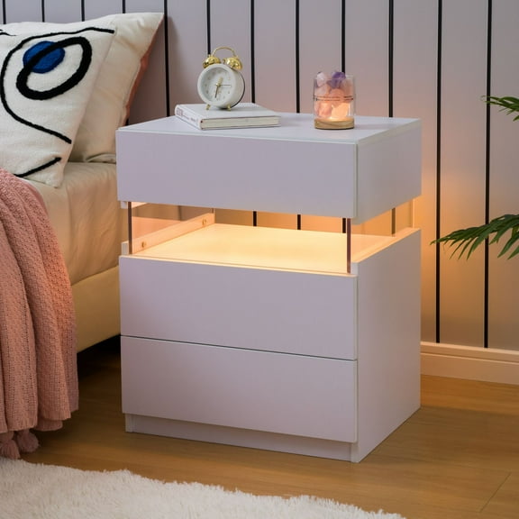 Cubehom LED Night Stand Modern Nightstand with 3 Drawers LED Bedside Tables for Bedroom, Living Room