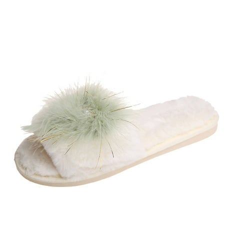 

Slippers for Women Ladies Fashion Rhinestone Butterfly Decorative Open Toe Fluffy Cotton Flat Slippers Womens Slippers Plush Green 39