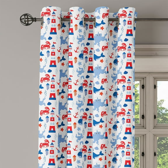 Ambesonne Lighthouse Grommet Curtain Single Panel, Animal Pattern Shell, 50"x60", Blue Red White