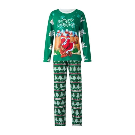 

aturustex Christmas Pajamas Sleepwear Parent-child Nightwear Long Sleeve Round Neck Santa Snowflake Print Tops +Trousers Suit