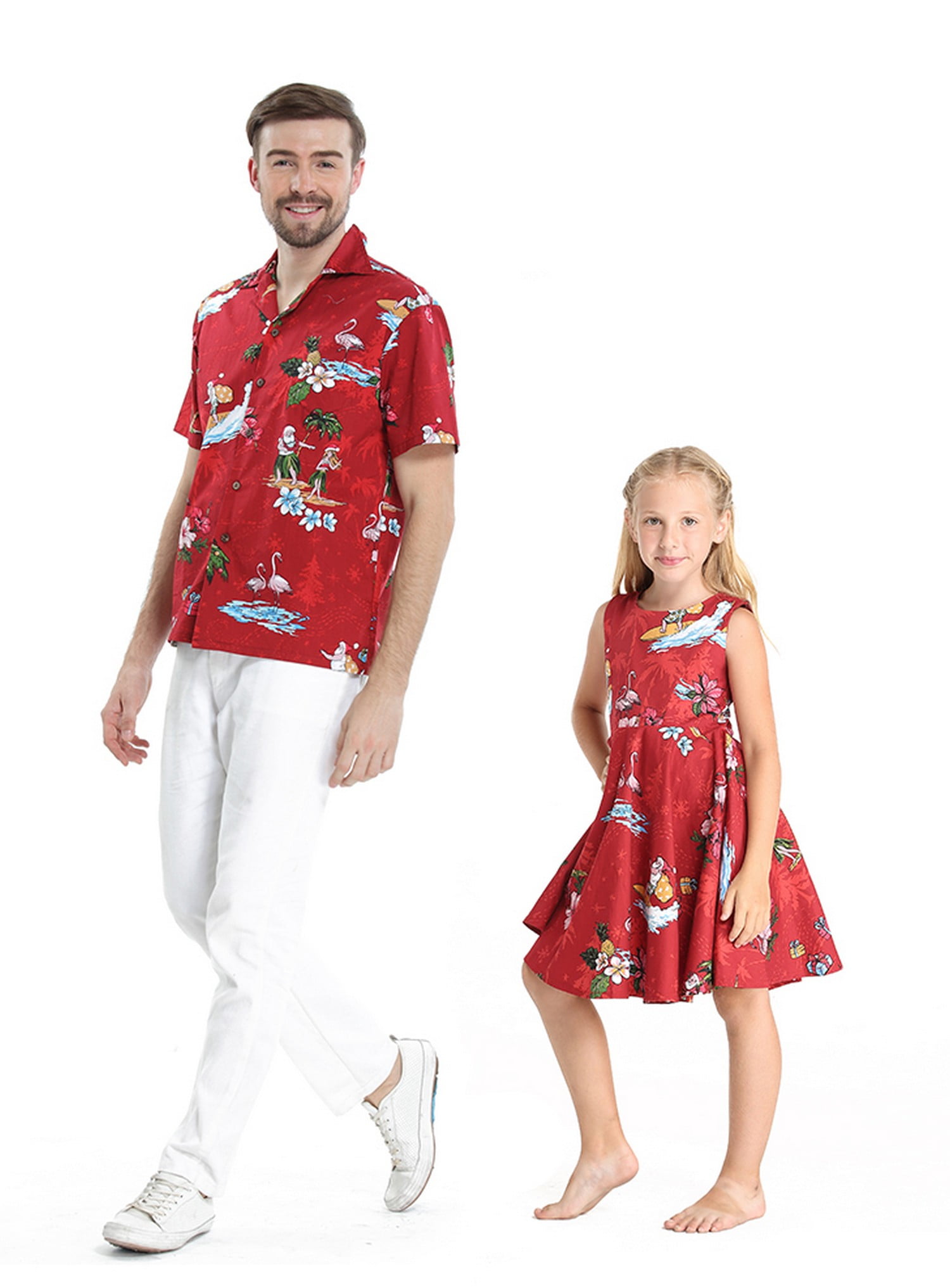 Matching Father Daughter Hawaiian Luau Dance Shirt Vintage Dress Santa in Hawaii Christmas