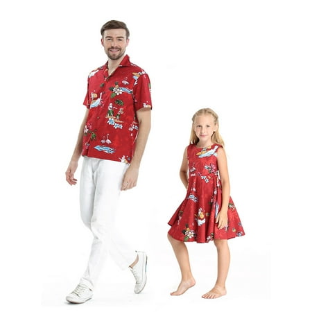 Matching Father Daughter Hawaiian Dance Shirt Vintage Dress Christmas Santa in Hawaii Red Men 3XL Girl 8