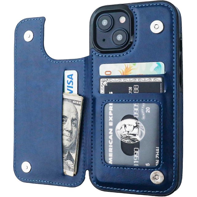 Funda tipo cartera con tarjetero para iPhone 15, de piel sintética con función atril y ranuras para tarjetas (azul)