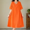 thumbnail image 5 of Hot Days, Bold Styles SMihono Midi Dresses for Women Casual V Neck Half Sleeve A Line Dress Flowy Swing Pleated Mid-Calf Length Dress with Pockets Orange L, 5 of 9