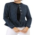 thumbnail image 2 of Allegra K Women‘s Round Neck Button Down Ruffled Hem Cropped Washed Denim Jacket, 2 of 6