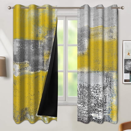 Pbobriich Yellow and Gray Curtains Abstract Modern Minimalist Curtain Decor for Living Room Darkening Grommet Window Curtains for Bedroom 52x84 inch
