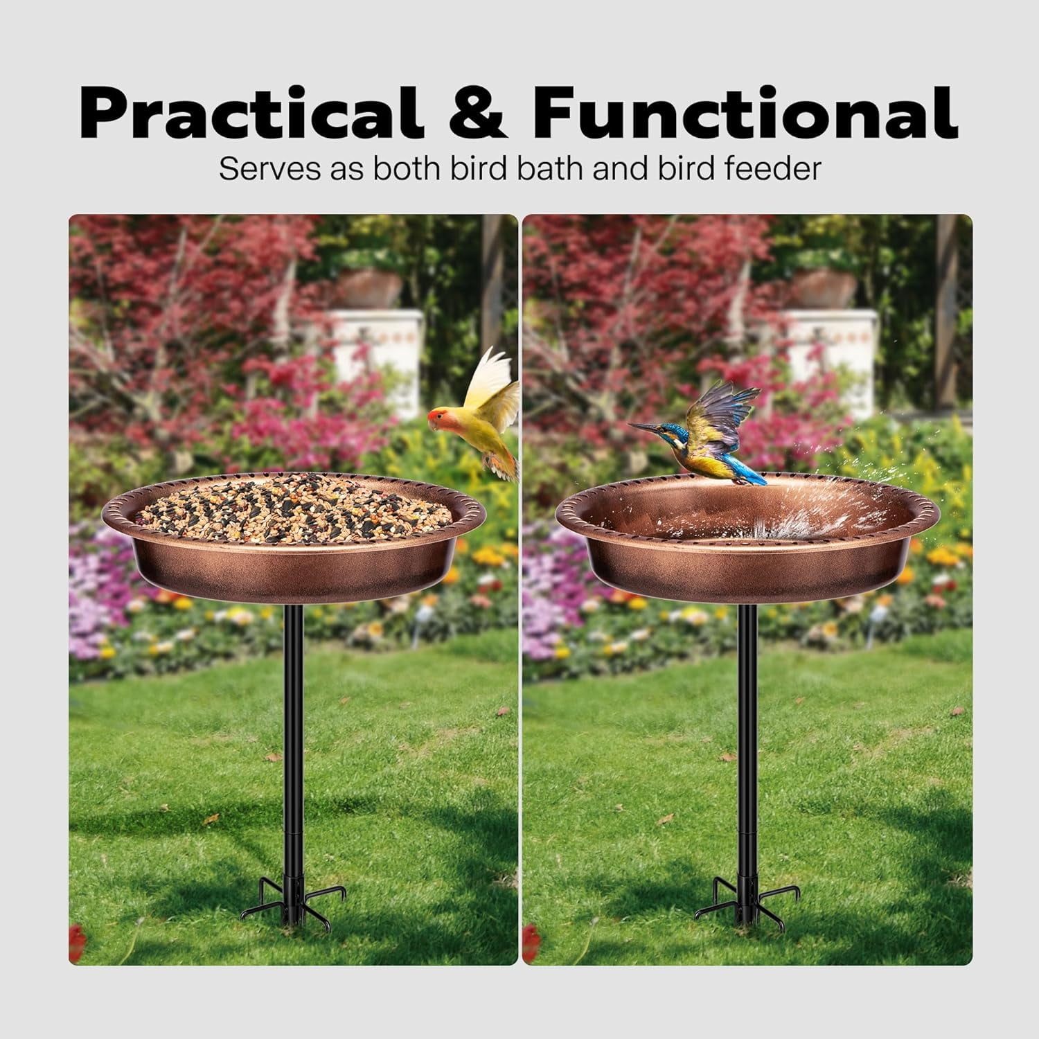 SPECSTAR Oval Polyresin Bird Bath Bowl with Metal Stake, 29 inch Height Outdoor Freestanding Birdfeeder, Capacity 1.3 Gallons, 5-Pronged Base, Bronze