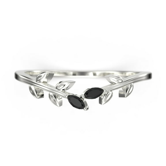 Unique 10k White Gold Wedding Band Open Wedding Band Art Deco Marquise black diamond moissanite Leaf Wedding Ring Anniversary gift