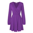 thumbnail image 2 of Leadingstar Women Solid Long Sleeve Elastic Waist Wrap V-Neck Fit Flare Dress Burgundy L, 2 of 9