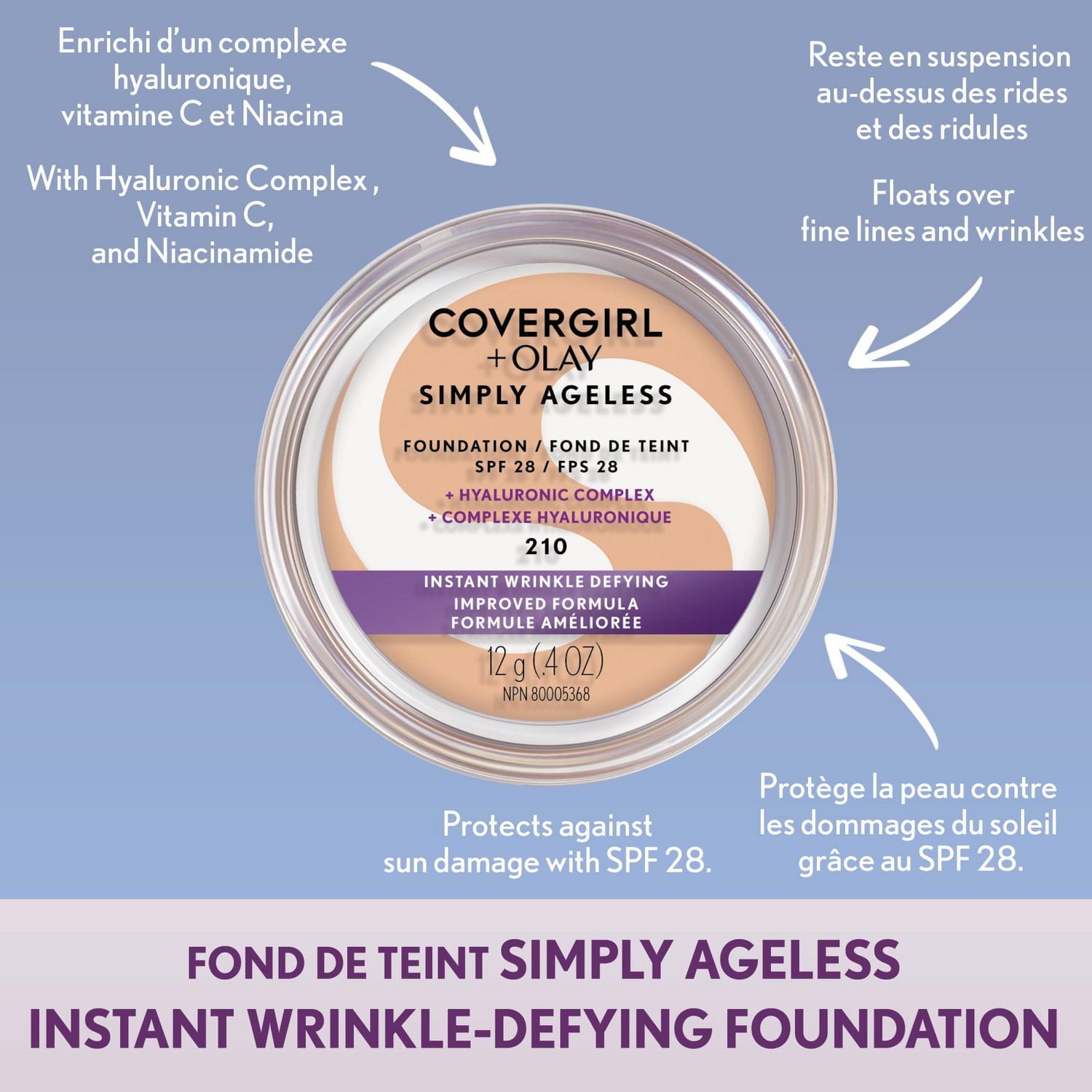 COVERGIRL Fond de teint Simply Ageless Instant Wrinkle Defying avec complexe hyaluronique, vitamine C et niacinamide - SPF 28, 100% Sans Cruauté Fonds de teint avec Complexe Hyaluronique