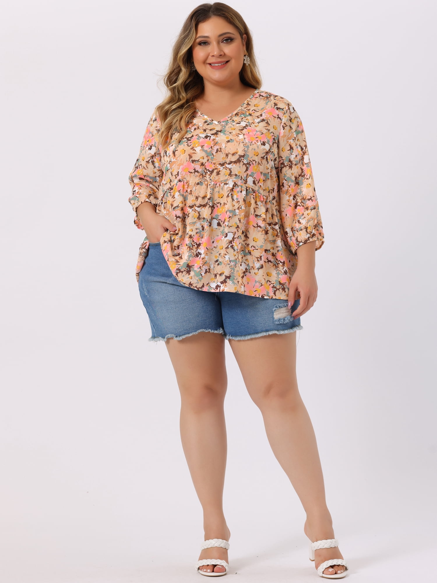 DARING DIVA Women's Plus Size V Neck Flowy 3/4 Sleeve Floral Blouse 1X Dark Pink