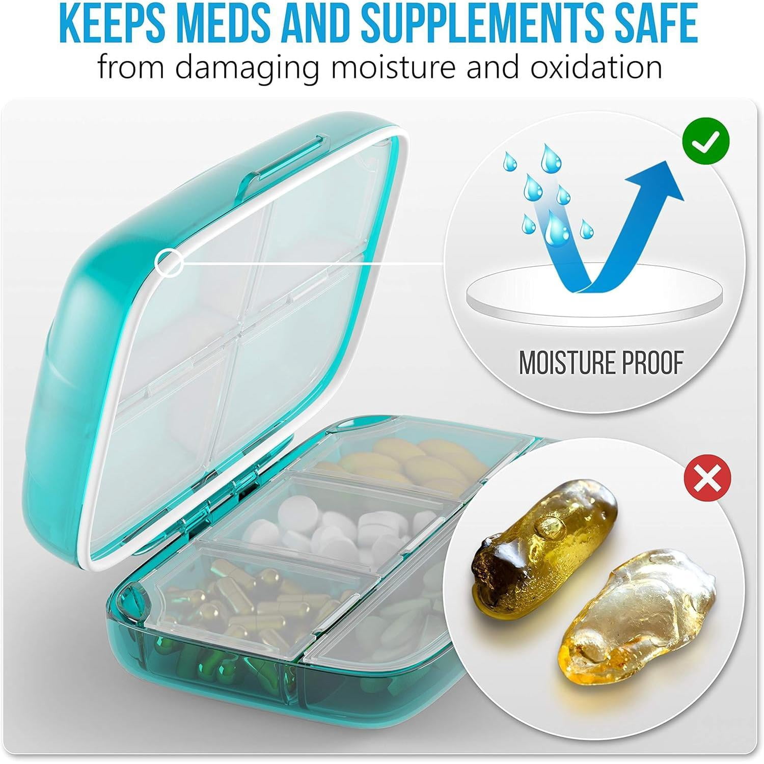 Pill Organizer Airtight Pill Box Large Pill Dispenser Home Travel Supplement Holder Portable Vitamin Sorter Jumbo Size 8 Compartment Airtight Vitamin Container Daily Medicine