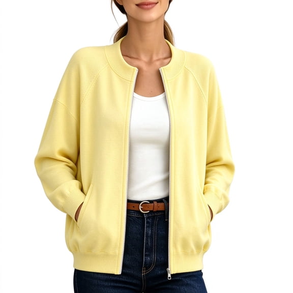 FRSASU Women's Full‑Zip Knit Cardigan Jacket Long Sleeve Ribbed Collar Casual Cropped Sweater Coat with Side Pockets Yellow