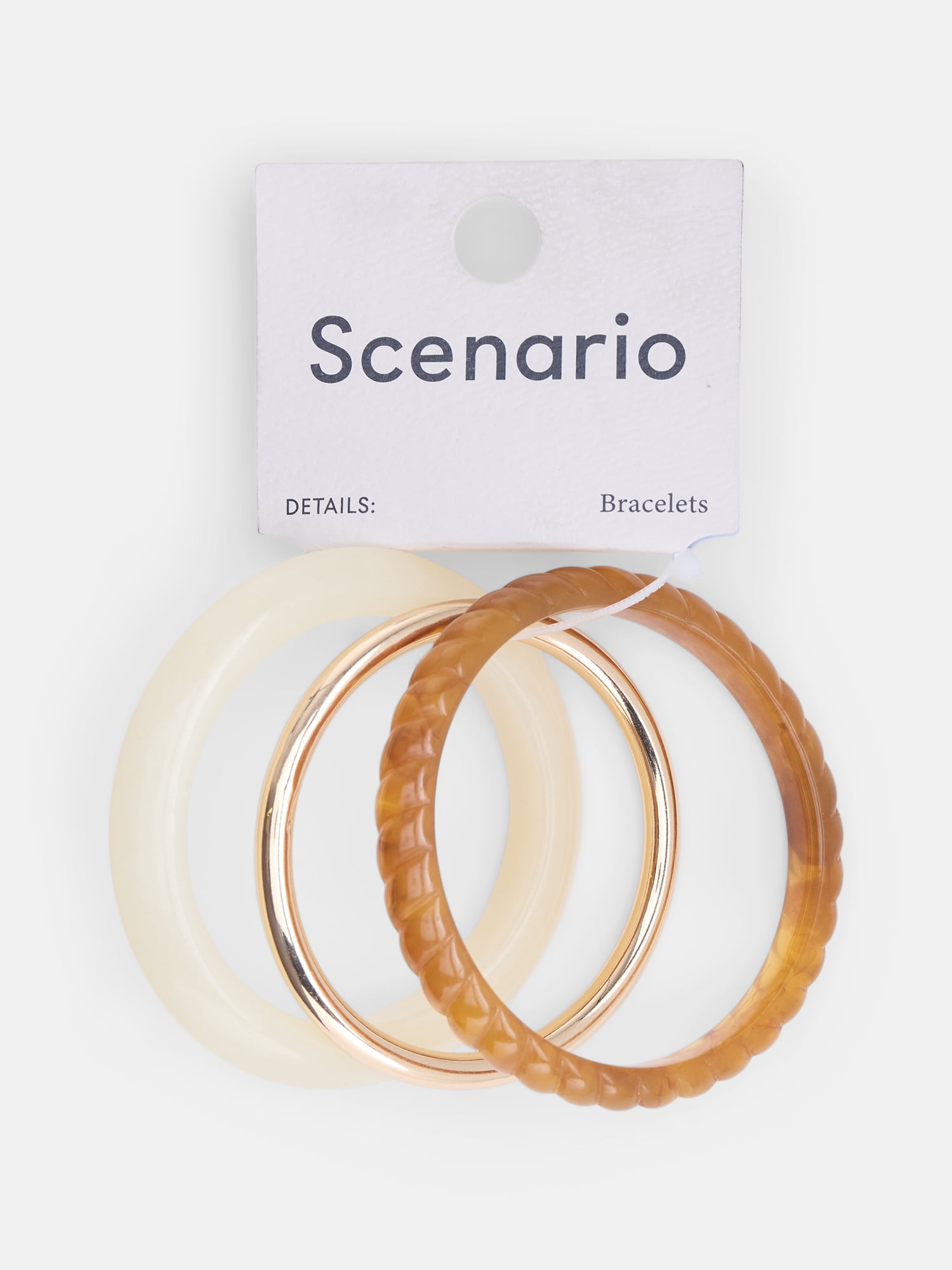 Scenario Women's Acrylic Brown, Cream Milky Swirl and Metal Bangle Set, 3-Piece