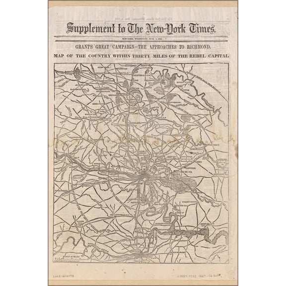 24"x36" Gallery Poster, civil war map Richmond virginia area 1864