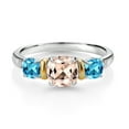 thumbnail image 2 of Gem Stone King 1.57 Ct Peach Morganite Swiss Blue Topaz 925 Silver and 10K Yellow Gold Diamond 3-Stone Ring (Size 9), 2 of 3