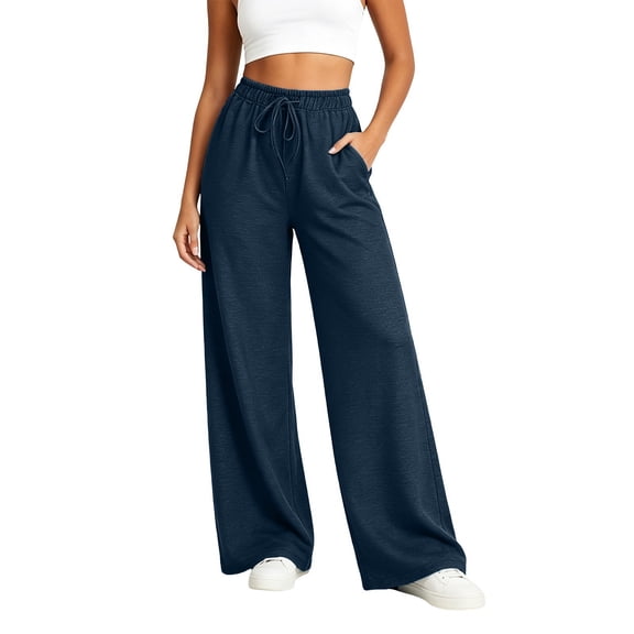 TEAJOPSUU Womens Wide Leg Jean Pants Casual Loose Elastic Drawstring Waist Palazzo Denim Pants with Pockets for Loungewear Everyday Going Out B-Dark Blue