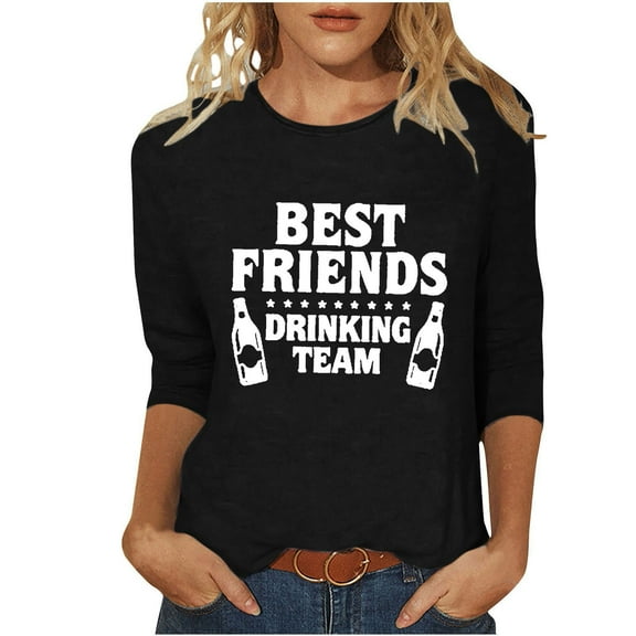 BangWanChi Shirts for Women Trendy Women's Fashion Casual Color Letters Printing Round Neck 3/4 Sleeve T-shirt Tops Blouse