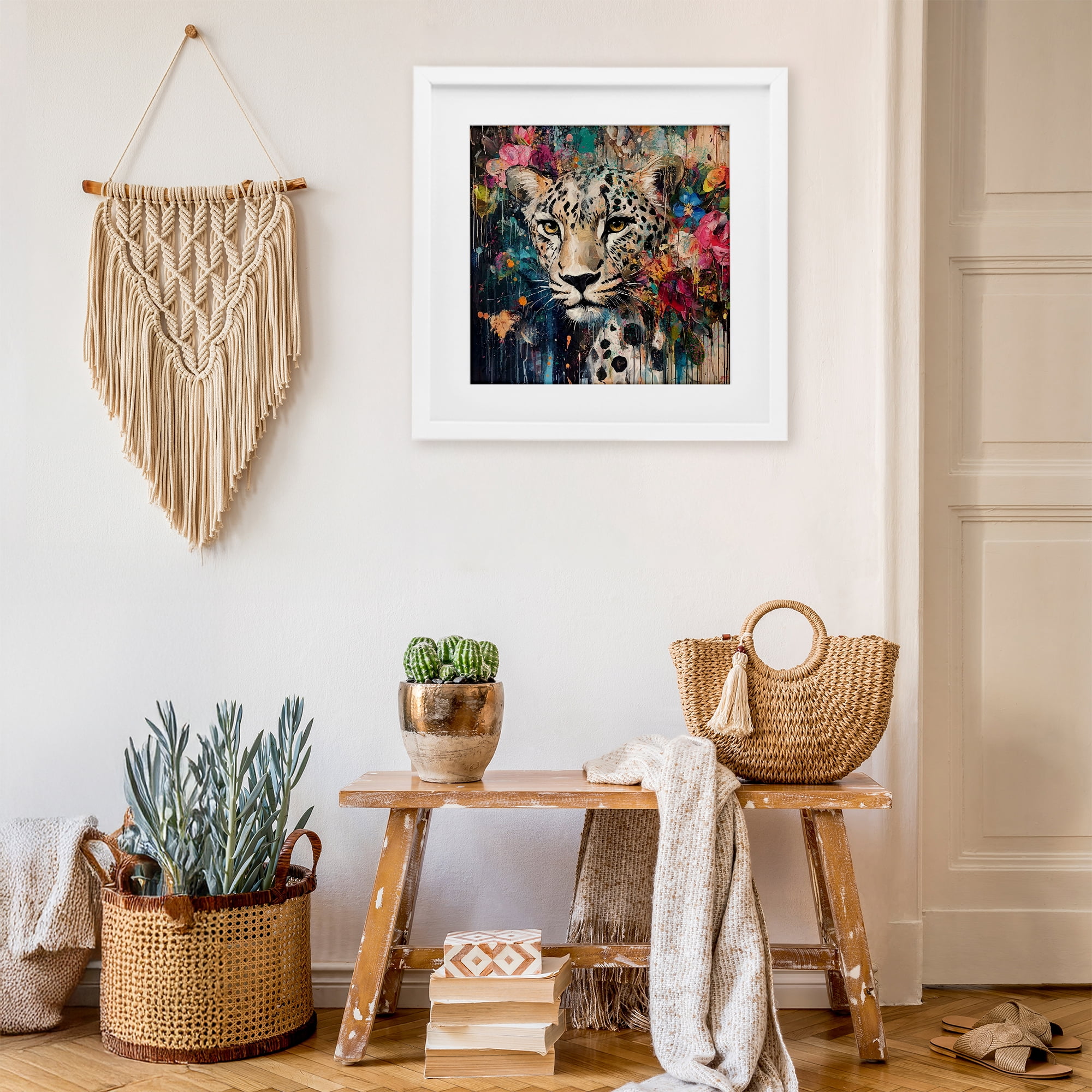 Stupell Industries Cheetah & Exotic Blooms White Framed Print Under Glass, design by Marta Wiley