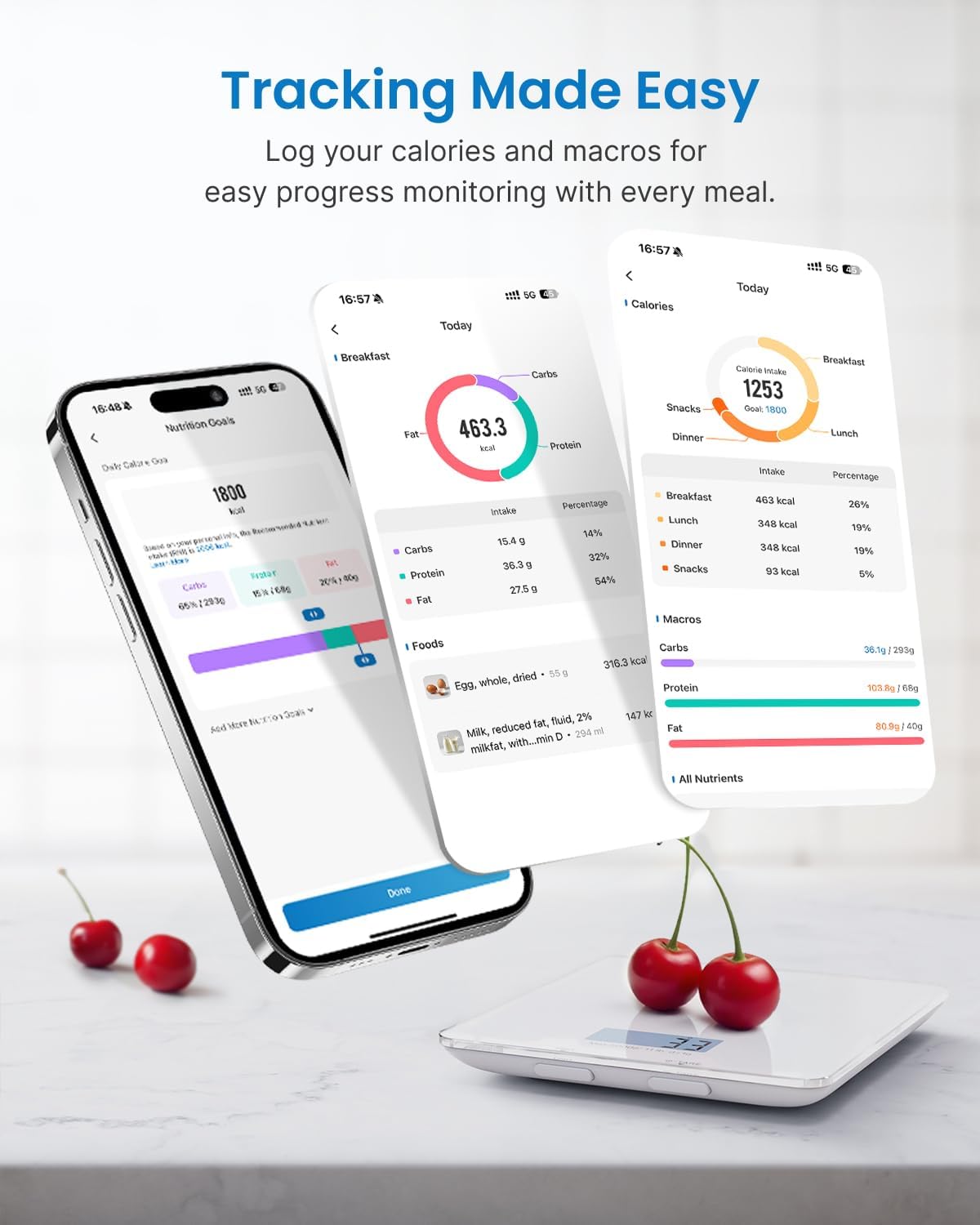 Food Scale with Nutritional Calculator, Digital Kitchen Scale for Weight Loss, Smart Food Weight Scale with App for Macro Keto Calorie Cooking, Grams and Ounces, White, 11lb/5kg