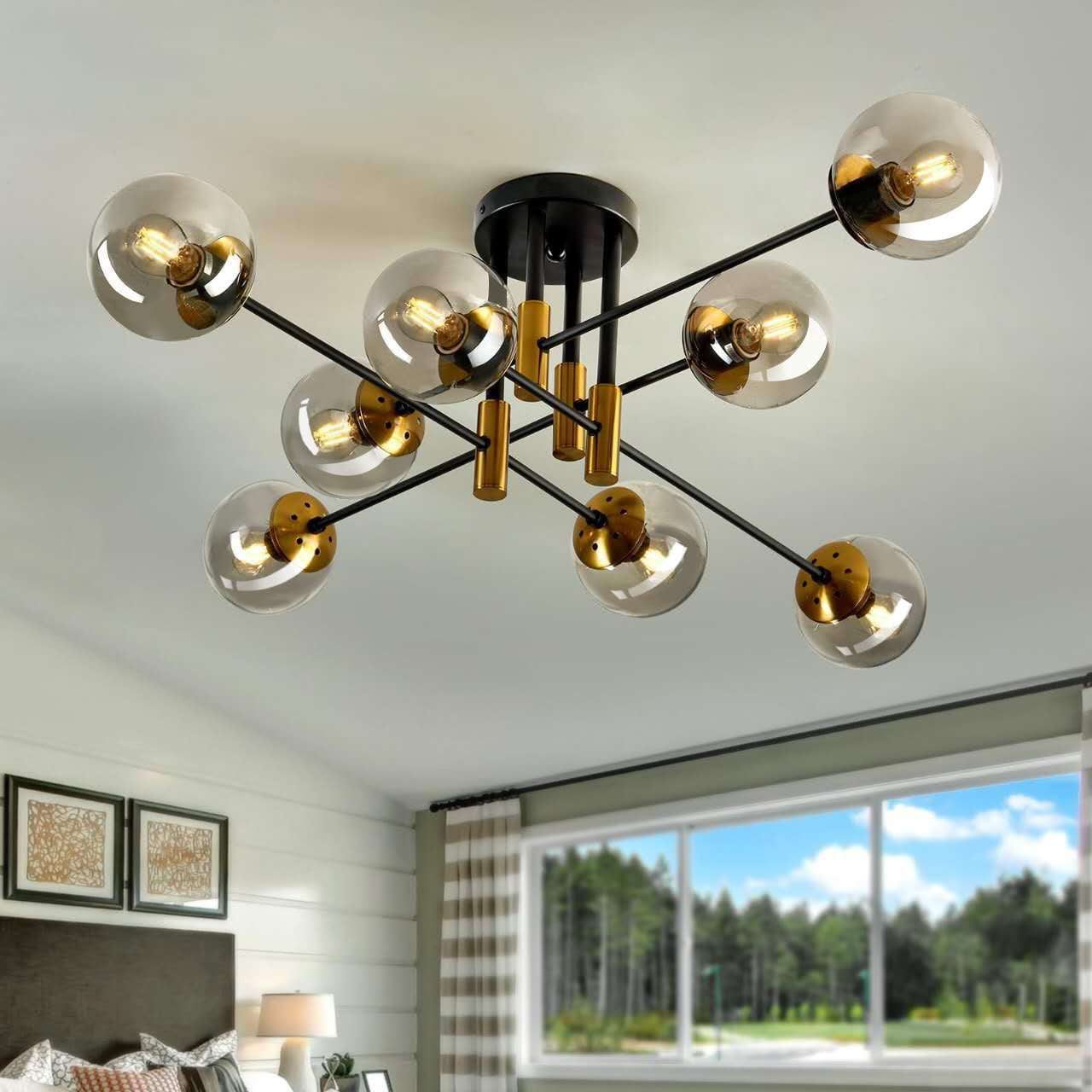 Mid-Century Modern Chandelier 8-Light, Black & Gold Flush Mount