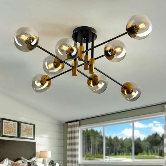Mid-Century Modern Chandelier 8-Light, Black & Gold Flush Mount with Bubble Glass Globes