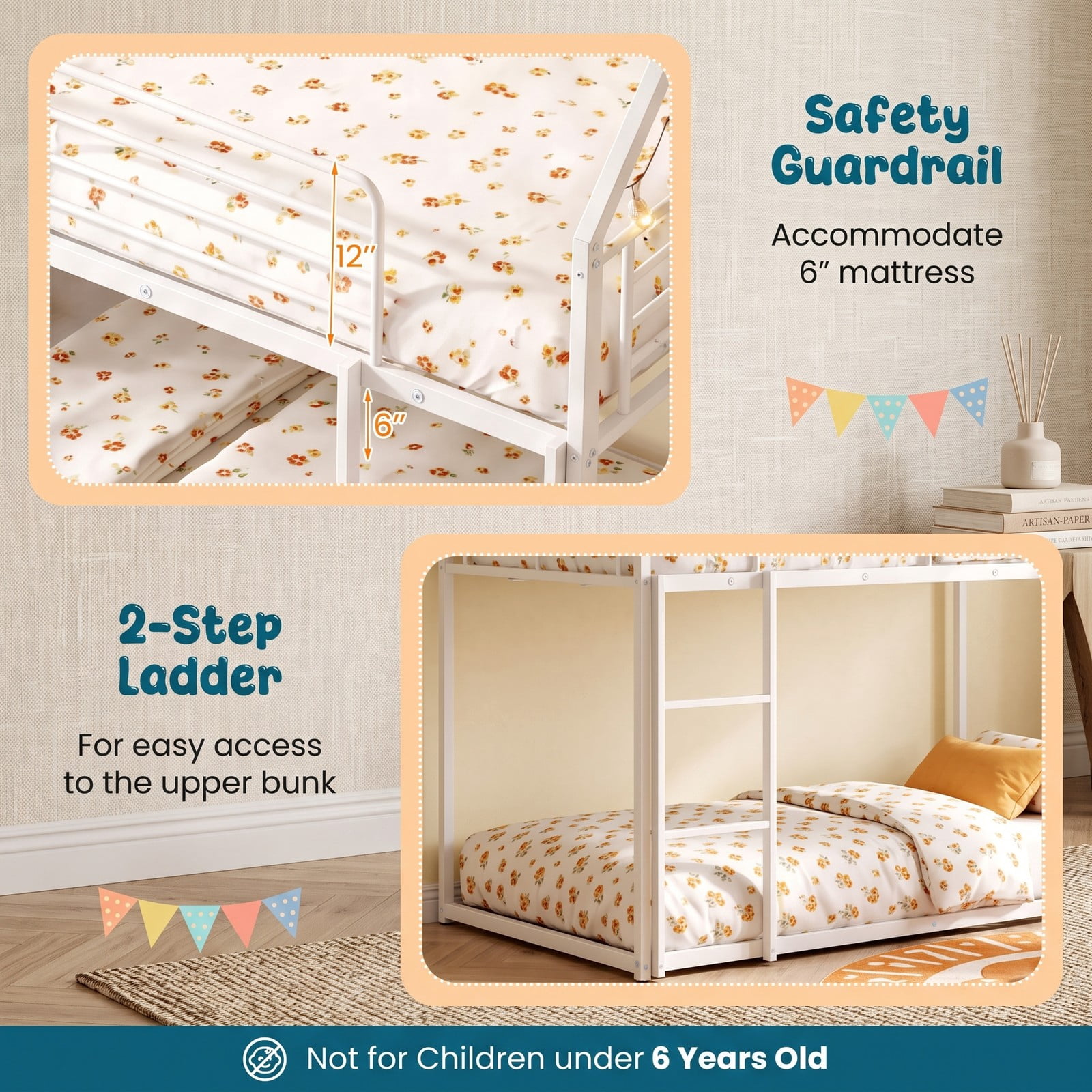 Furnibear House-shaped Twin Over Twin Metal Low Bunk Bed with Slide Ladder and Full-length Guardrails for Kids Rooms, White