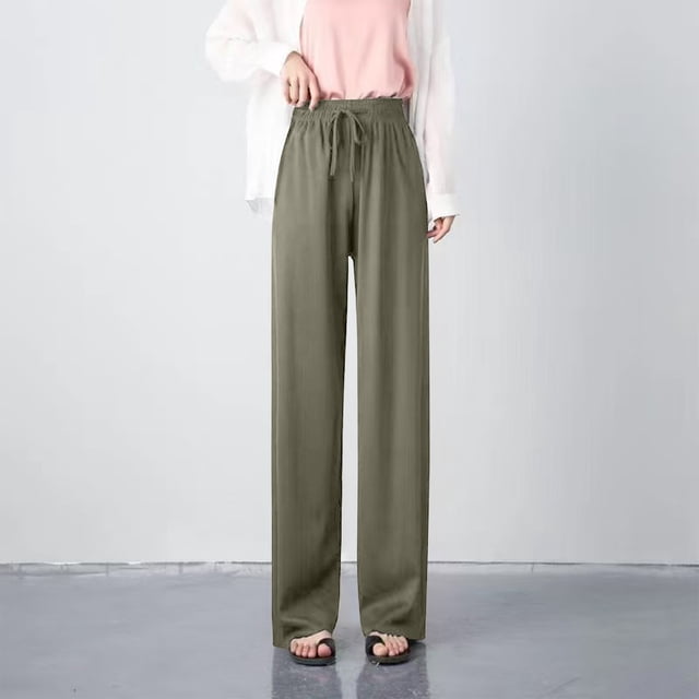 LOVZFMLL Women's Pants, Solid Color High Waist Draped Loose Straight Leg Casual Ice Silk Wide Leg Pants Green, M