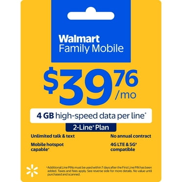 Walmart Family Mobile $39.76 Unlimited Talk & Text 2-Line Monthly Prepaid Plan (4 GB data at High Speed, then 2G*) e-PIN Top Up (Email Delivery)
