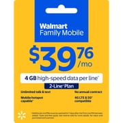 Walmart Family Mobile $39.76 Unlimited Talk & Text 2-Line Monthly Prepaid Plan (4 GB data at High Speed, then 2G*) e-PIN Top Up (Email Delivery)