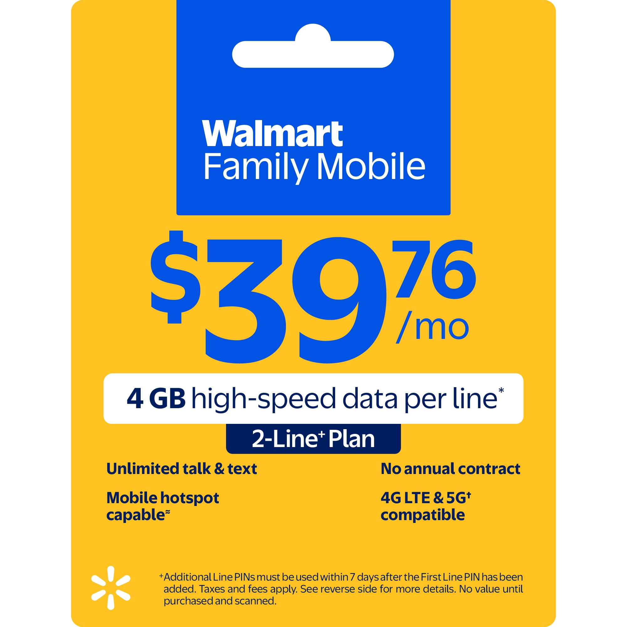 Walmart Family Mobile $39.76 Unlimited Talk & Text 2-Line Monthly Prepaid Plan (4 GB data at High Speed, then 2G*) e-PIN Top Up (Email Delivery)