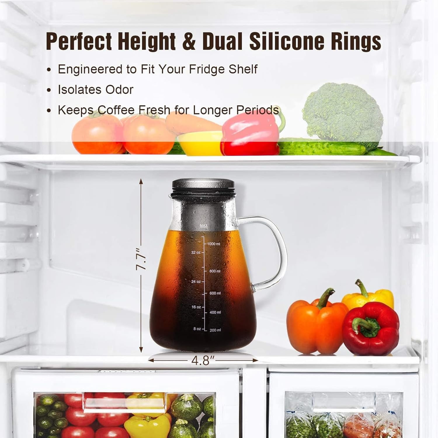 Cold Brew Iced Coffee Maker 51oz, Brewed Coffee Pitcher with Removable Double Mesh 304 Stainless Steel Filter, BPA-Free Glass Container and Tea Maker