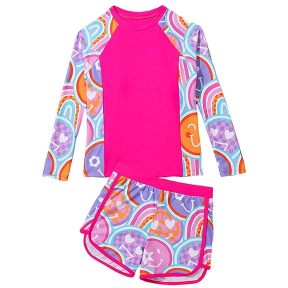 NIEWTR Girls Rash Guard Swimsuit Teens Two Piece Bathing Suit Long Sleeve Swimwear Swimwear Beach Bathing Suit for Summer Vacation 10-11 Years Hot Pink