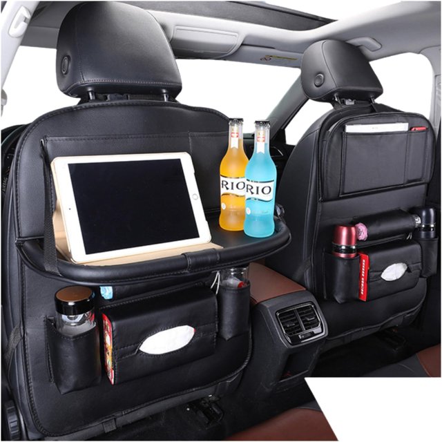 PU Leather Rear Seat Organizer with Foldable Table Pan, Kids Car Rear Seat Kick Protector Road Trip Essentials Travel Accessories - (2 Pieces