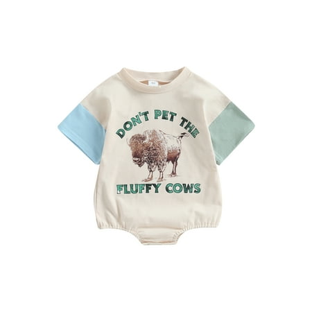 

jaweiwi Baby Girls Boys Western Bodysuit 0 3M 6M 12M 18M Summer Jumpsuit Short Sleeve O Neck Letter and Cattle Print Romper