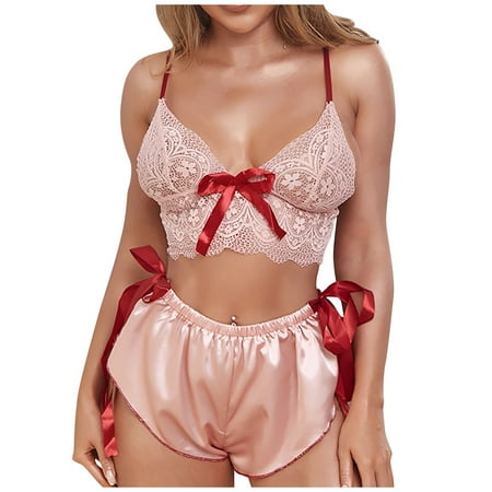 

Qcmgmg Women Lace Bowknot Bra and Panty Set Babydoll Floral Lingerie Set