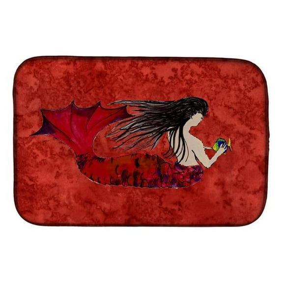 Black Haired Mermaid on Red Dish Drying Mat