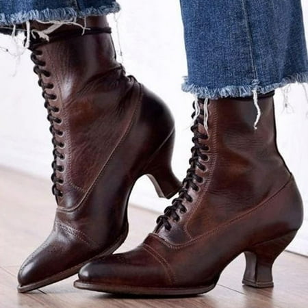 

NECHOLOGY Lace up Boots for Women Wide Calf CrossTied Toe Stretch Vintage LaceUp Boots Womens Mid Calf Boots Flat Heel Brown 9.5