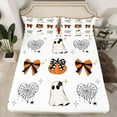 thumbnail image 2 of Manfei Happy Halloween Full Size Sheets,Cartoon Ghost Bowknot Bed Sheets,Spooky Spider Webs Sheet Sets For Kids Girls,Breathable Home Decor,4pcs, 2 of 7