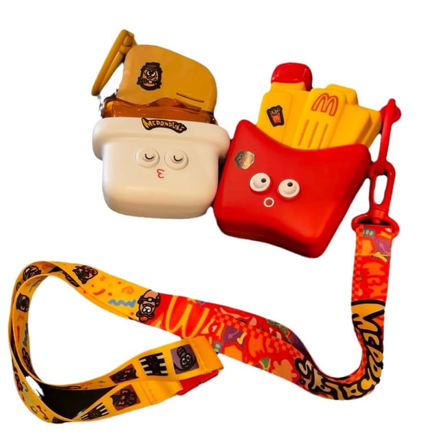 pollo frito papas fritas walkie talkie radio de 2 vías juguete para niños de 3 a 12 años Multicolor dos walkie-talkies de plástico con diseño de papas fritas y pollo frito, vista frontal centrada que muestra botones y ojos estampados, correa estampada multicolor incluida, tamaño compacto para manos de niños, fondo blanco.