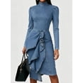 thumbnail image 3 of Women's Blue Denim Midi Length with Asymmetric Line Midi Dress for Wedding Guest, Prom and Evening Party, 3 of 9