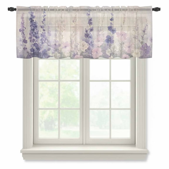 Watercolor Lavender Sheer Curtains Valances for Windows Country Spring Field Leaf Wildflower Chiffon Kitchen Valances for Cafe, Voile Window Treatments Curtains for Living Room Bedroom, 42"x18"