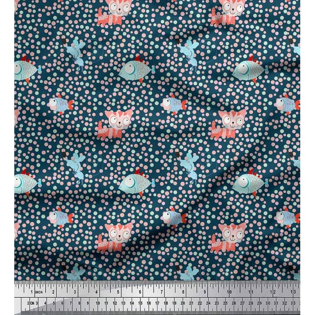 Soimoi Velvet Fabric Dot,Fish & Cat Kids Print Sewing Fabric Yard 58 Inch Wide
