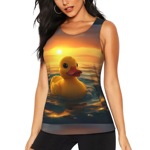 Balery Cartoon Swimming Yellow Duck Camiseta sin mangas estampada ligera para mujer, tops de entrenamiento sin mangas, camisetas de yoga transpirables de secado rápido.-X-Large