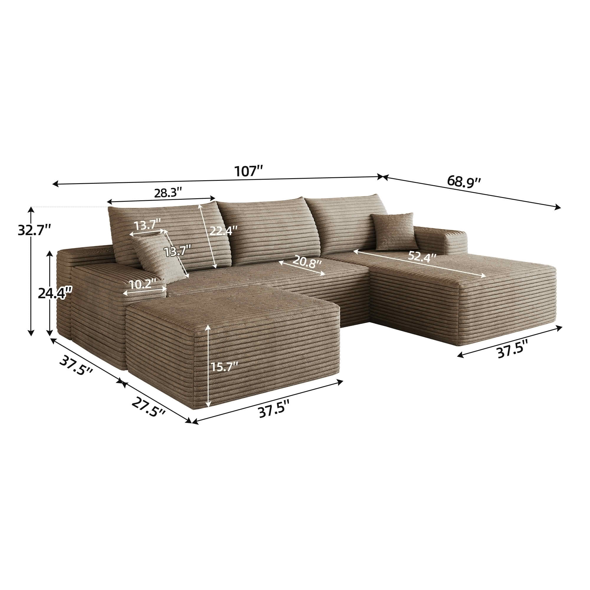 MAYEERTY 107 Inch L‑Shape Cloud Sectional Couch with Chaise, Modern Modular Deep‑Seat Sofa, Plush Corduroy Upholstered Couch, No Assembly Required for Living Room Bedroom Apartment
