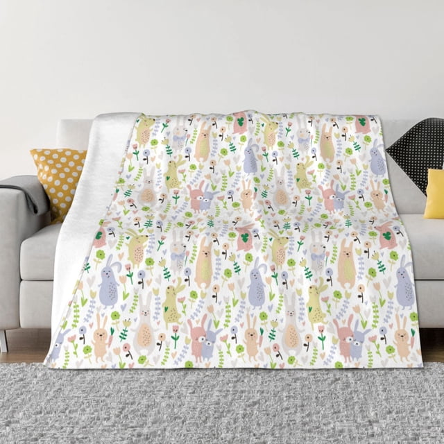 Balery Flower Rabbit Manta de Franela con Dibujo, Lujo Ultra Suave y Cálido, Antipelusa y Resistente a las Arrugas para Cama, Sofá, Camping -80"x60"