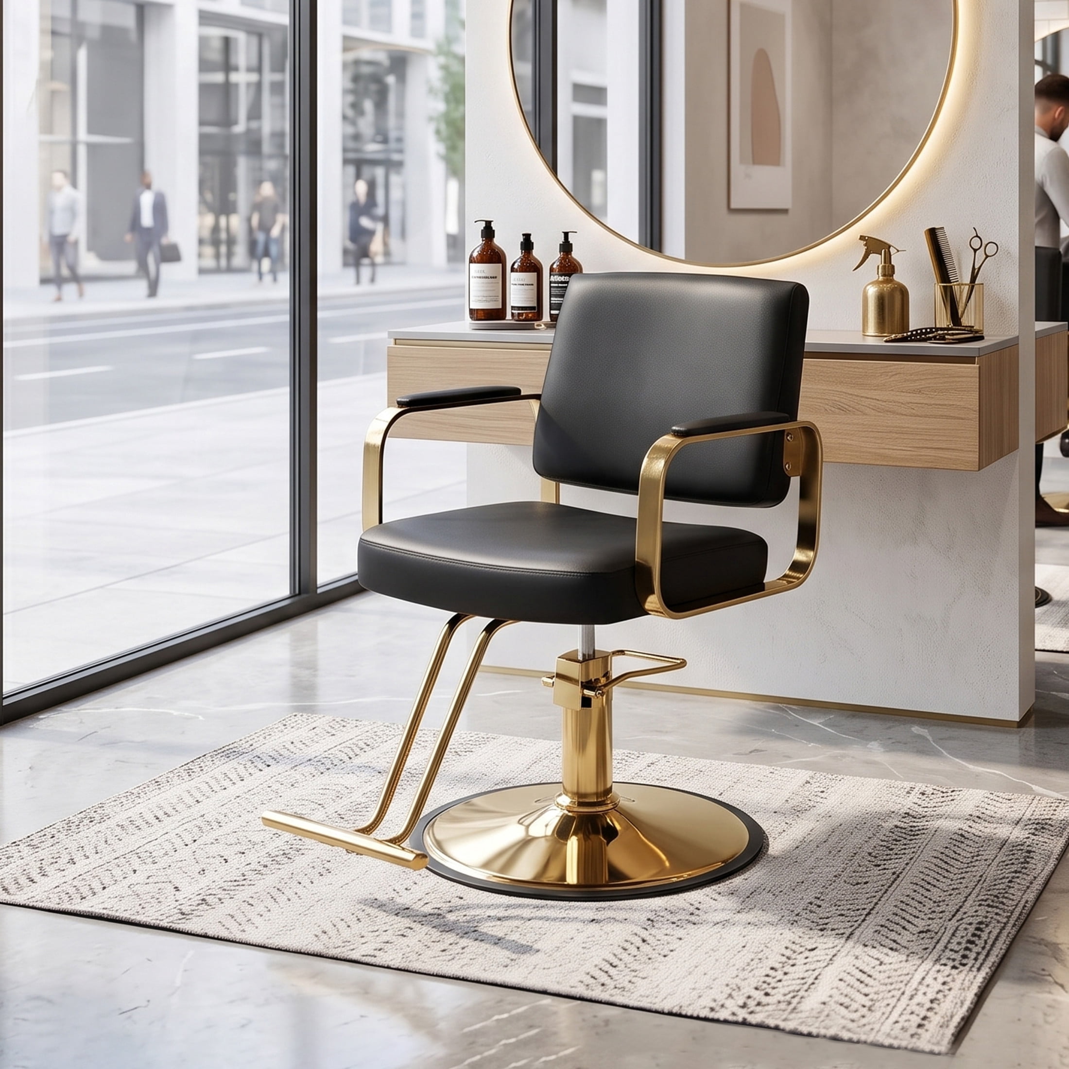 Noble House 360° Swivel Salon Styling Chair with Footrest, Adjustable Height, Black + Gold